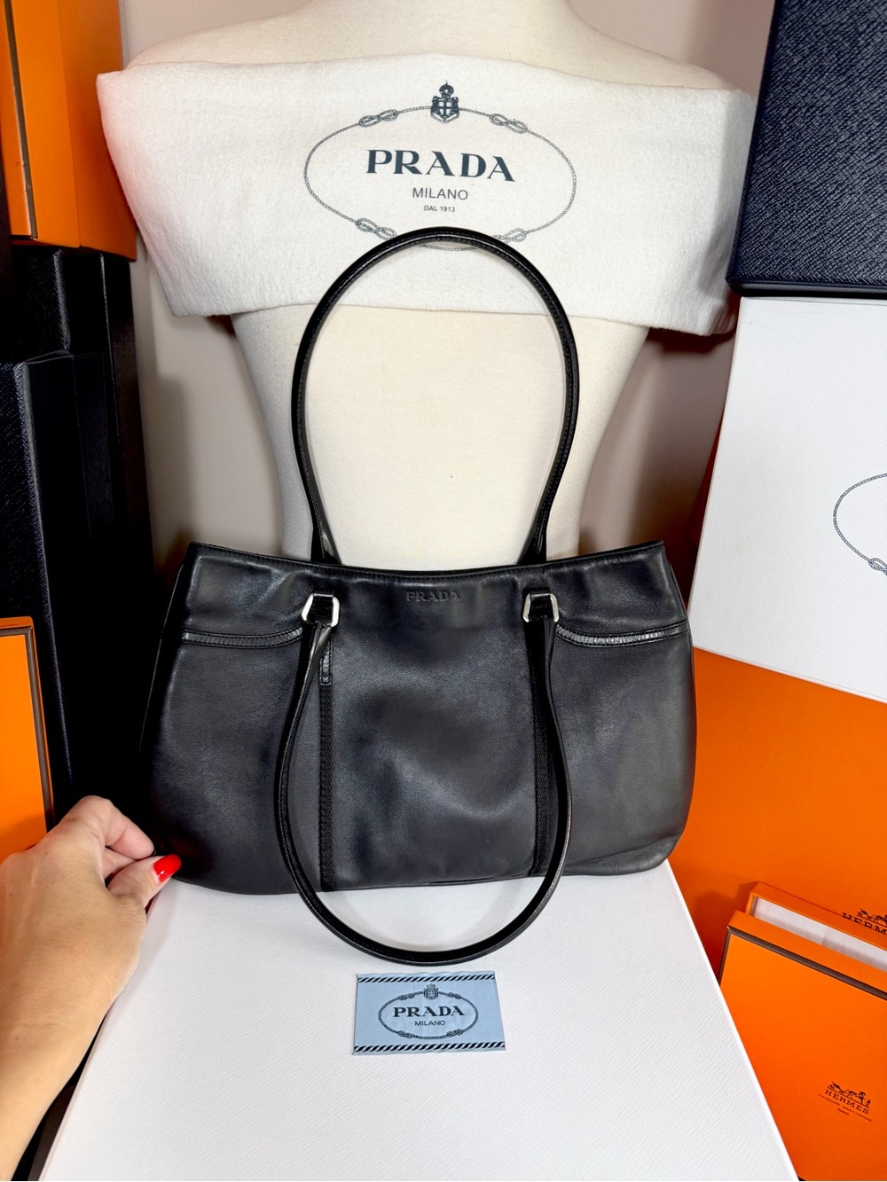 Prada🌟Black Smooth Leather and silver hardware Shoulder Bag! Offers welcome! - Picture 7 of 16